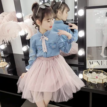 

Teen girl clothing set for kids long sleeve clothing sets cowboy embroidered shirt + mesh skirt 2pcs suit kids girl tracksuit