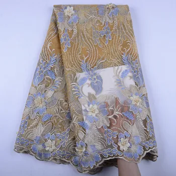 

2019 High Quality African Lace Fabric 3D Flowers With Beaded Tulle Lace Fabric New Design Nigerian Tulle Lace Fabric 1475B