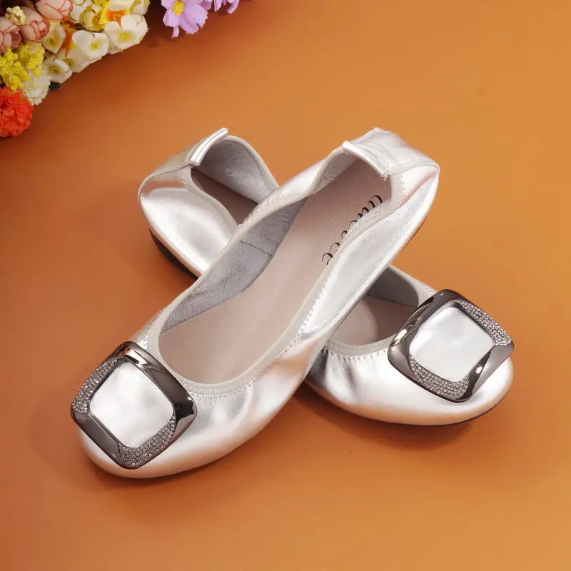 Ballet Flats Women Genuine Leather Loafers Round Toe Slip-on Flat Handmade Rhinestone Metal Decoration Balerinas Shoes for Woman (24)
