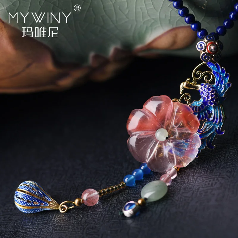 

Fashion vintage watermelon crystal flowers necklace women jewelry,New ethnic necklace nature stones sweater cloisonne pendants
