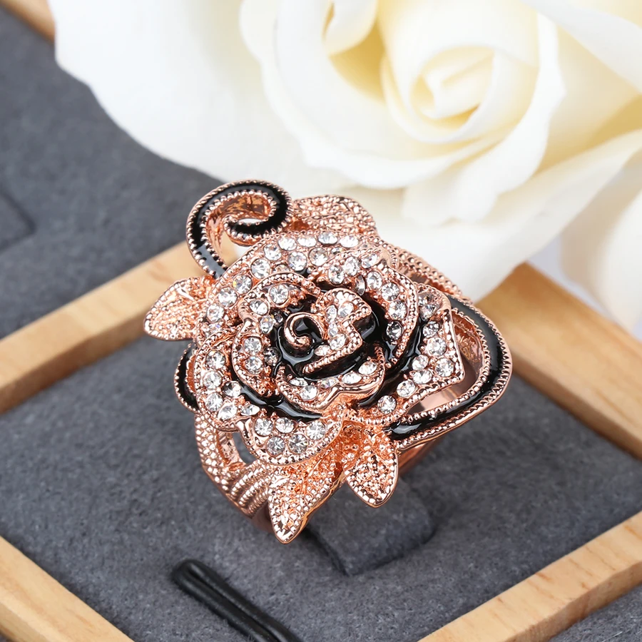 Kinel Luxury Crystal Flower Ring Rose Gold Vintage Jewelry Big Flower Shape Elegant Rings For Women Fashion 2018