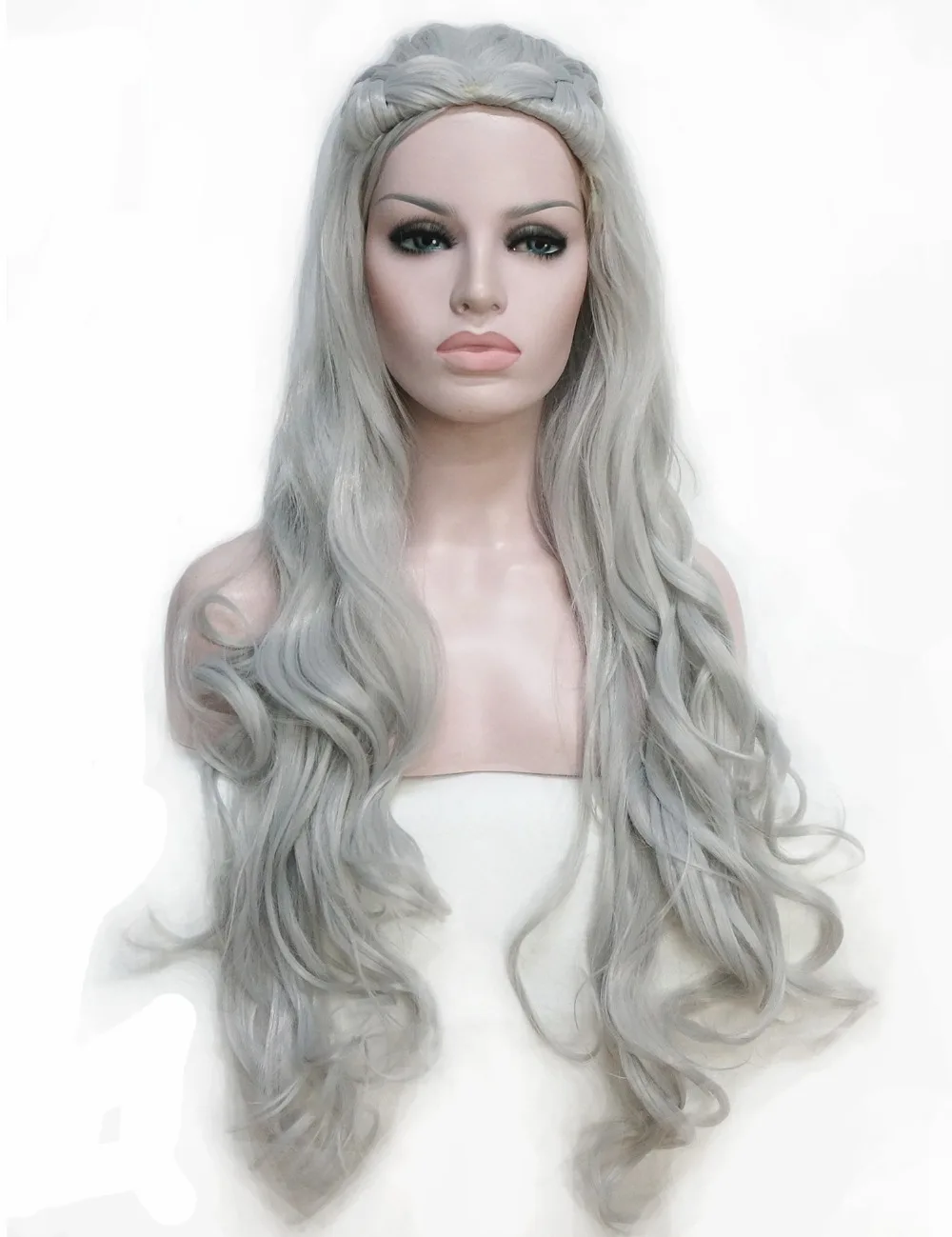 Long Wavy Silver Cosplay wig Costumes Hair Wigin Synthetic NoneLace
