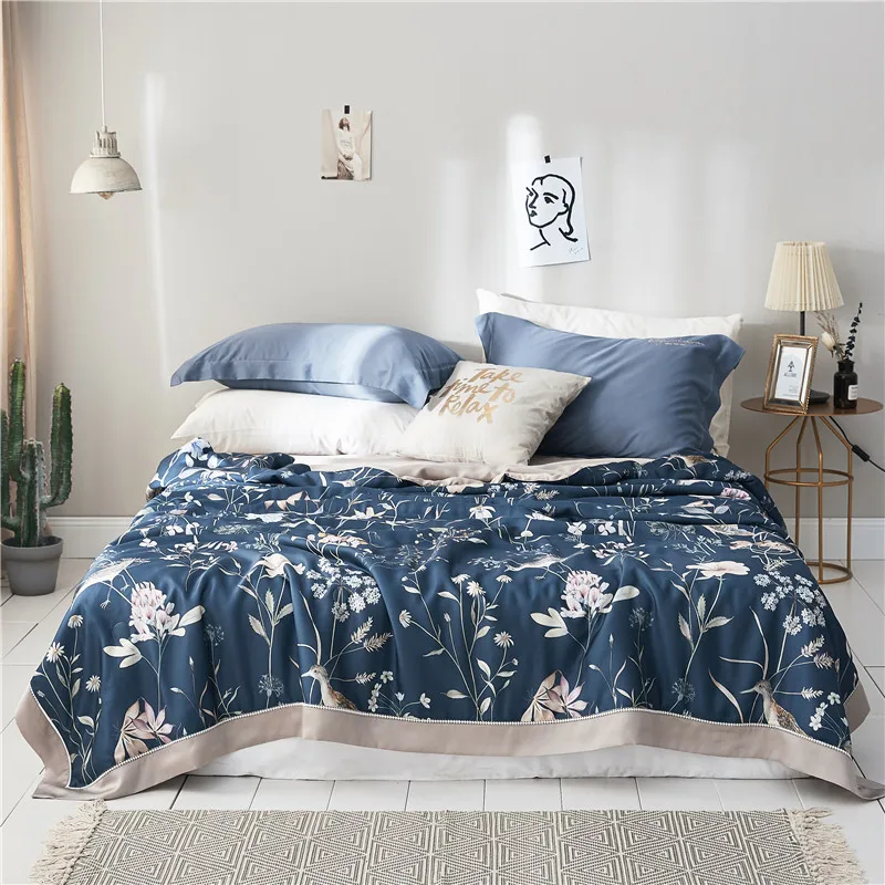 

Blue plants printing Summer Quilt Blankets Soft Comforter Bedding Quilts tencel Quilted Gray Air Conditioner Summer Quilts