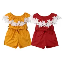 Красный желтого цвета с кружевом для маленьких девочек; сезон лето костюм ползунки комбинезон одежда для малыша, Песочник