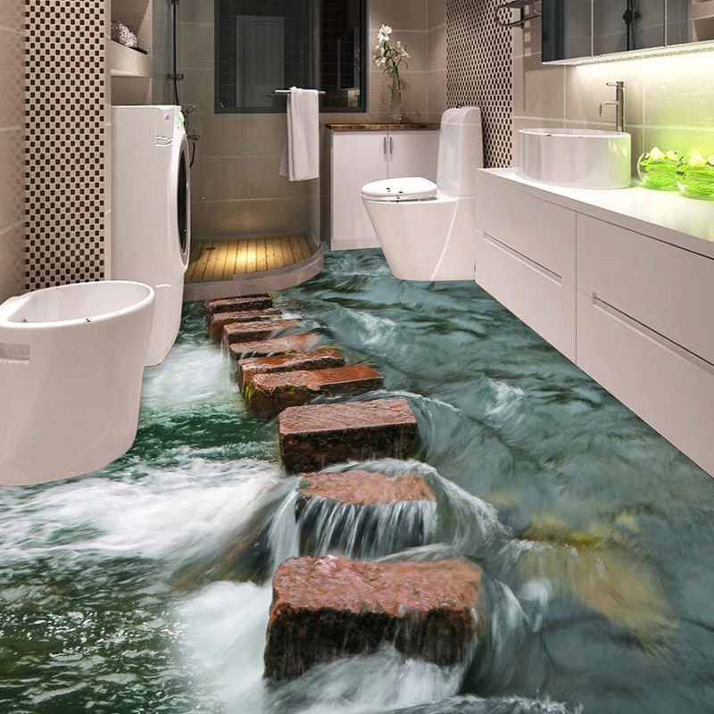 

Custom 3D Floor Mural Wallpaper Sticker River Stones Road Bathroom Bedroom 3D Floor Murals PVC Self-adhesive Thickened Wallpaper
