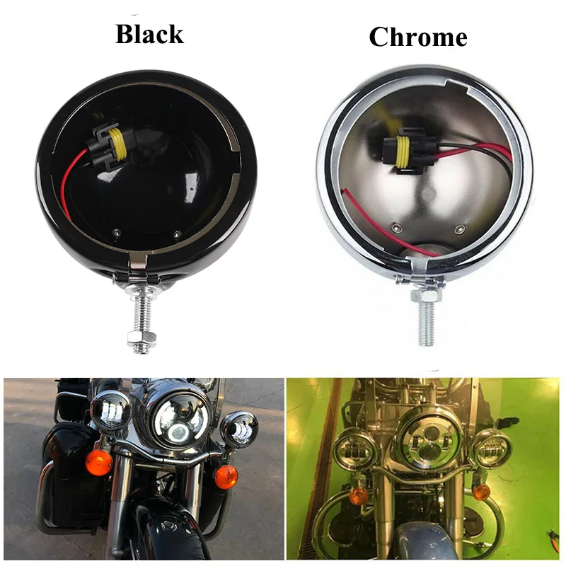 

1 Pair 4.5" 4-1/2" Black&Chrome Motorcycle LED Passing Lamp Housing Bracket for Touring Road King Electra Glide Softail