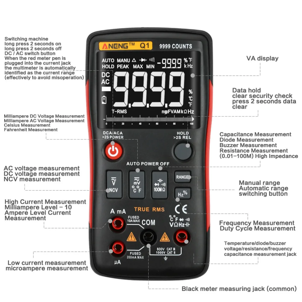 

Q1 True RMS Digital Multimeter High Accuracy 9999 Counts Auto Rango Tester AC/DC Voltage Ohm Ammeter LCD Transistor