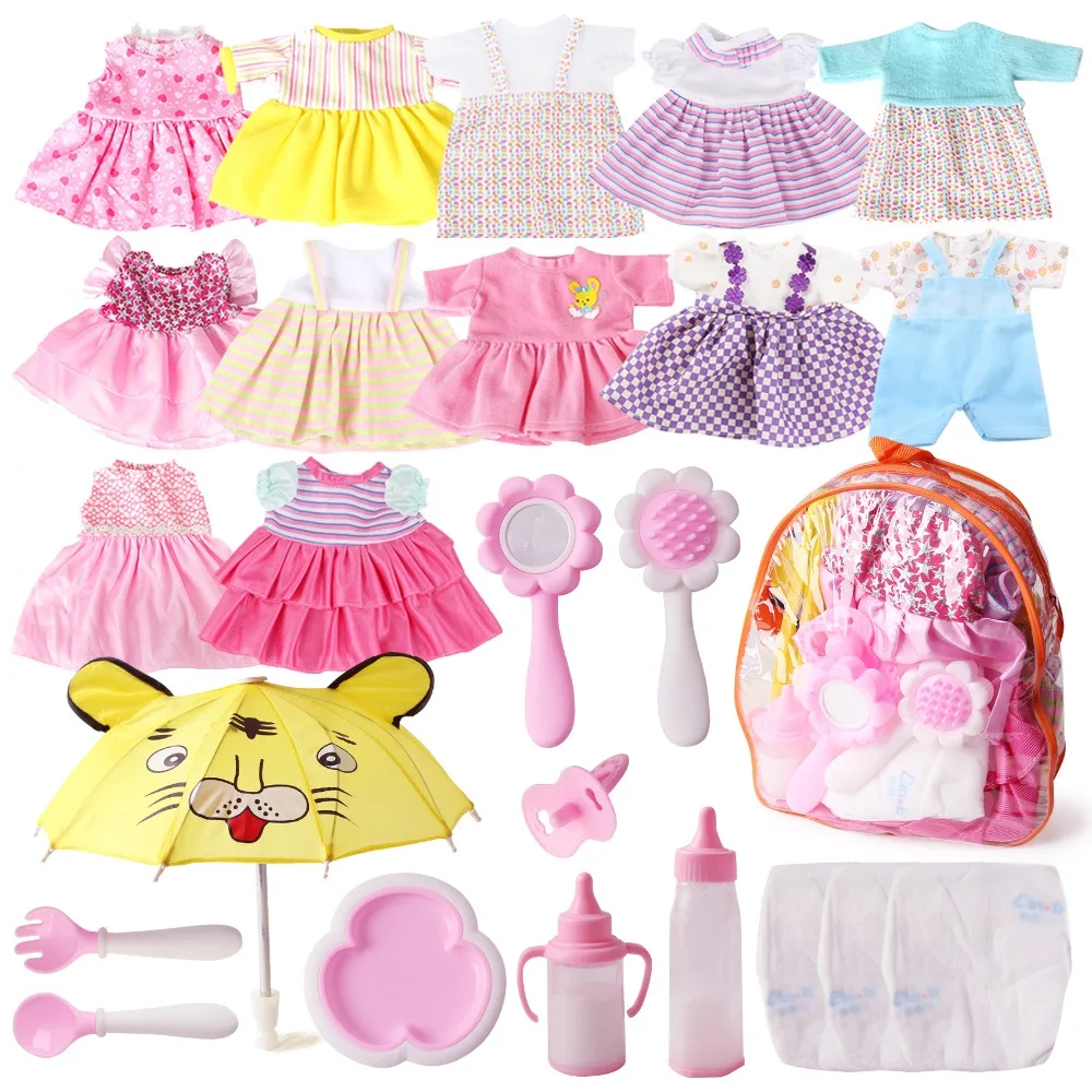 25 шт. сумка для куклы, одежда, платья, аксессуары для подгузников с кукольными подгузниками, зонтиком, бутылочкой для молока, подходит для 12-15 разных цветов