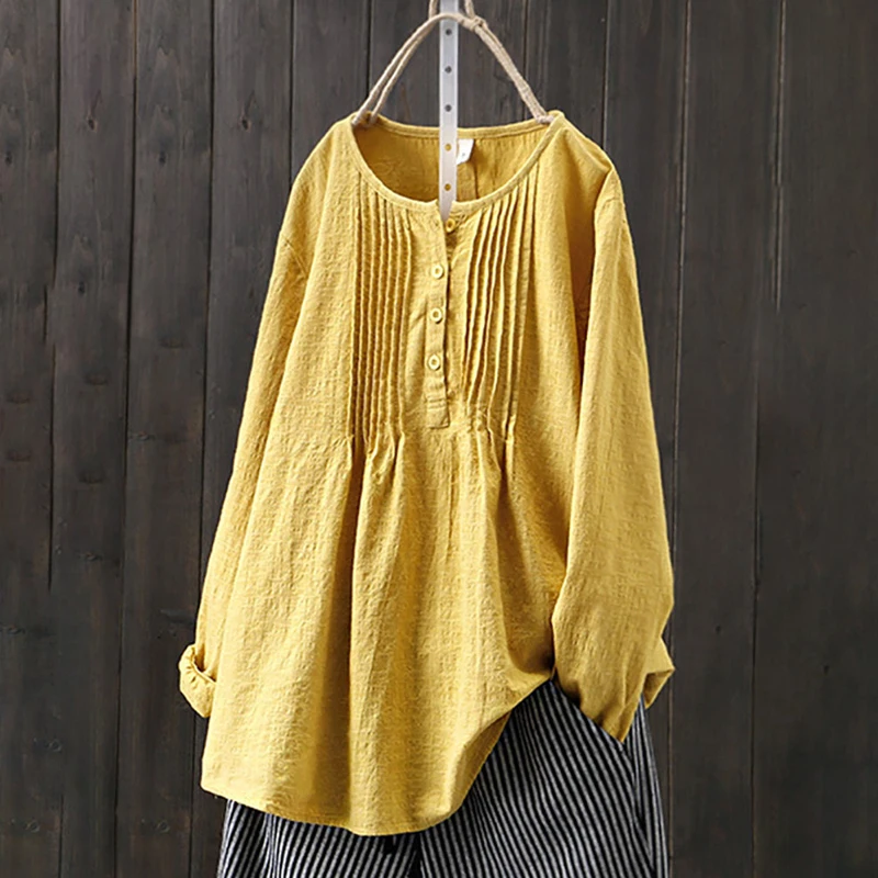 Women Clothing Summer Fashion Casual Loose Tops Shirt Long Sleeve Round Neck Buttons Blouse Hot Sale |