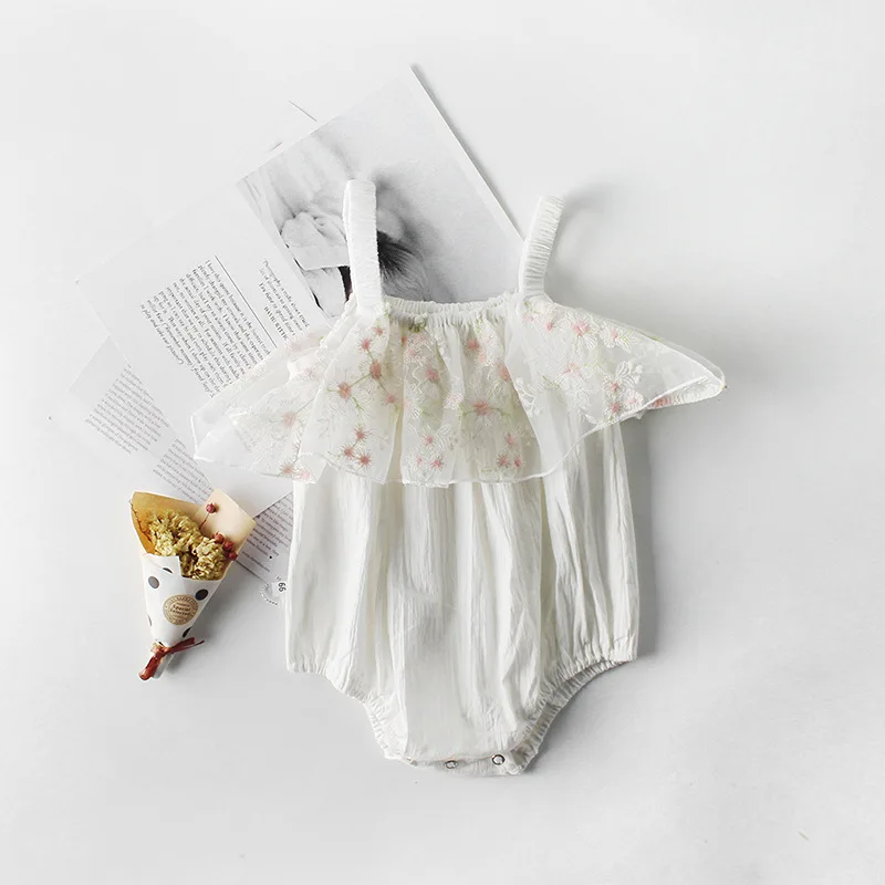 

Everweekend Sweet Baby Girls Floral Embroidered Lace Rompers Ruffles Summer White Cotton Rompers