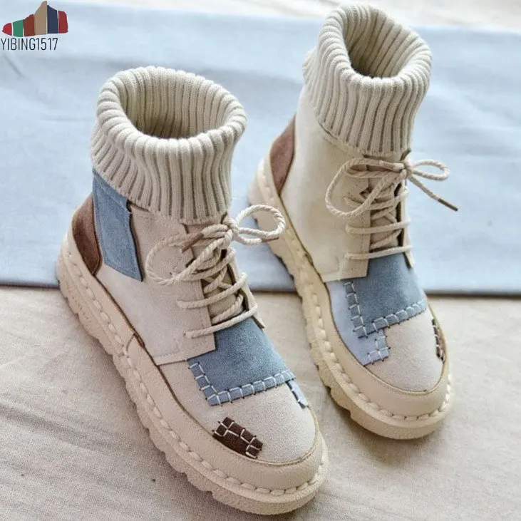 

YIBING1517 Spring and winter explosions suede canvas color matching wild high-top boots women shoes Size 35-41Botas Mujer