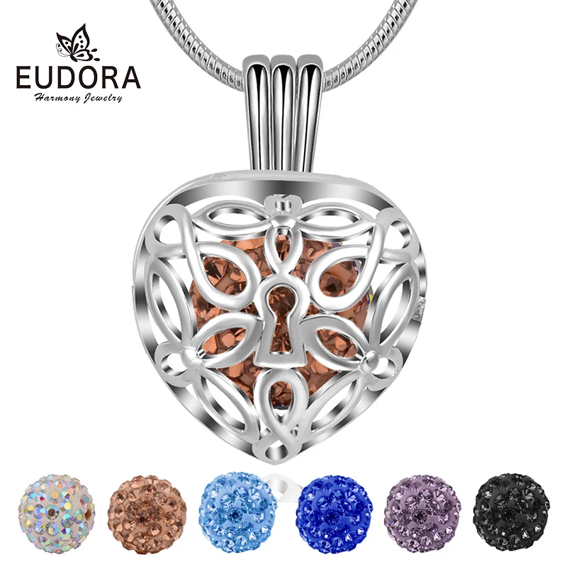 

Eudora Crystal & Pearl Heart Flower Lock Cage Pendant Necklace fit 8mm Colorful CZ Ball& Pearl Jewelry Christmas Gifts K318N08