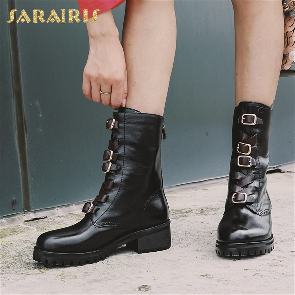 

SARAIRIS New Cow Leather Hot Sale plus Size 34-40 Boot Women Shoes Woman Zip Up Thick Heels Ankle Boots Woman Shoes