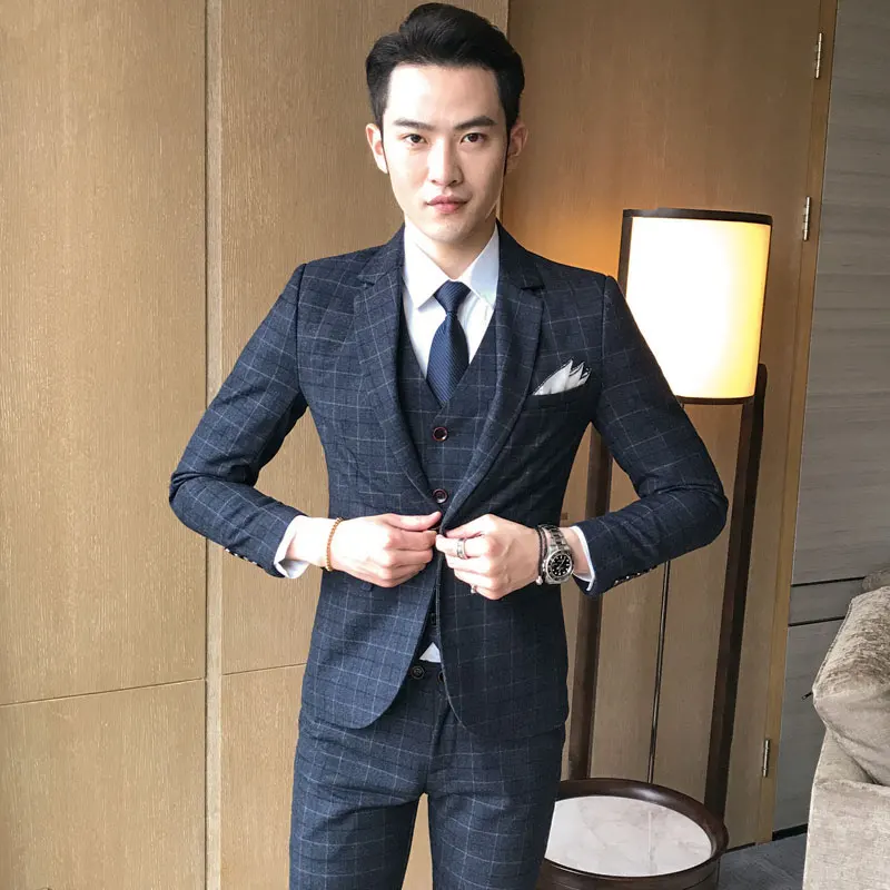 ( Jacket + Vest + Pants ) 2018 New Men's Fashion Boutique Plaid Wedding Dress Suit Three-piece Male Formal Business Casual Suits ( Jacket + Vest + Pants ) 2018 New Men's Fashion Boutique Plaid Wedding Dress Suit Three-piece Male Formal Business Casual Suits