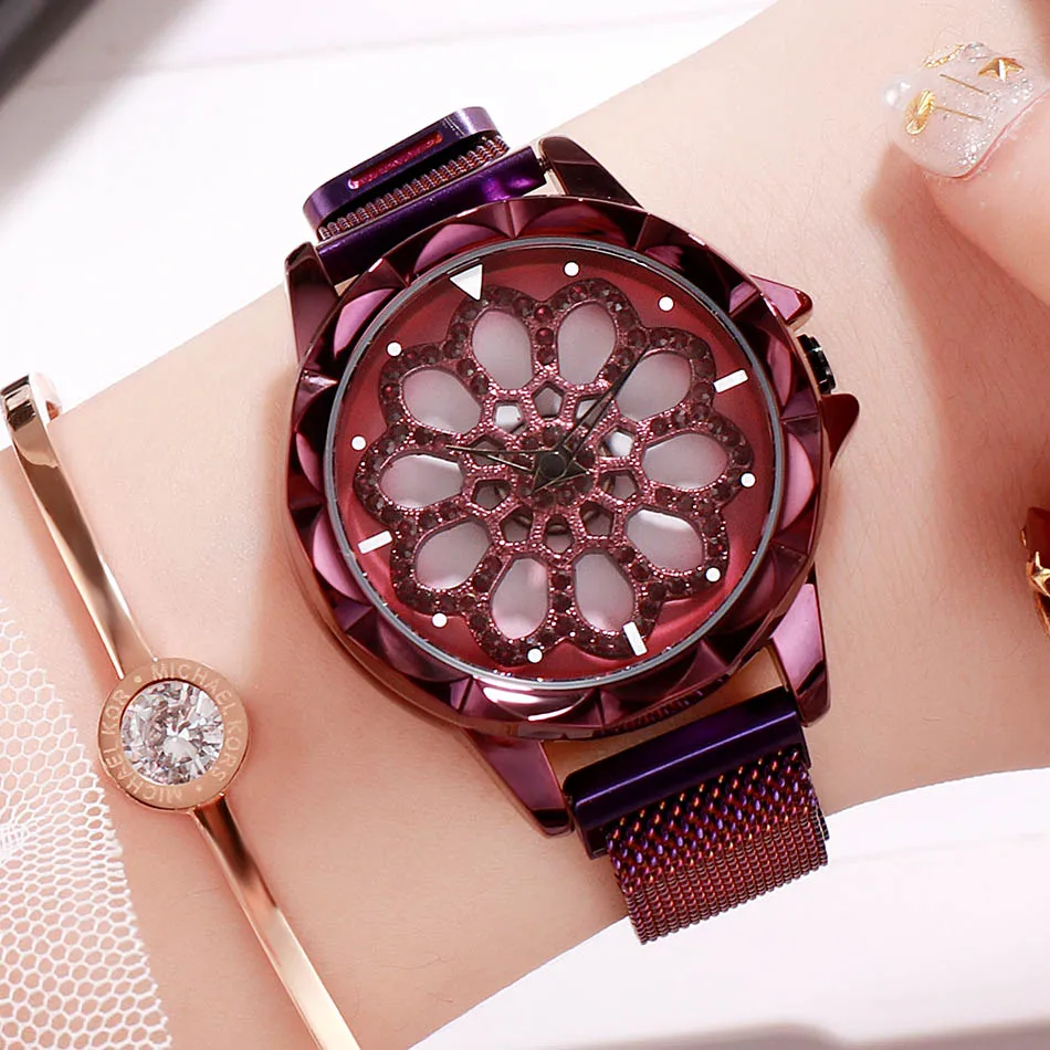 GEDI Women Watches Women Fashion Clock Ladies Watch Top Luxury Brand Quartz Wristwatch Gifts for Women Magnet Mesh Belt New - Цвет: Purple watch