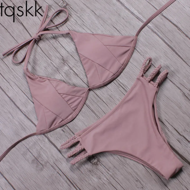 

TQSKK 2019 New Arrival Halter Top Bikinis Women Swimsuit Female Brazilian Bikini Set Swimwear Bandage Beach Bathing Suit Biquini