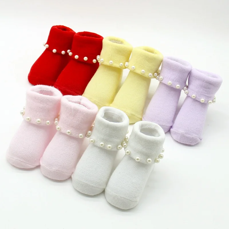 

Spring Newborn Baby Pearl Flower Ruffle Lace Princess Socks Infant Warm Pure Color Socks