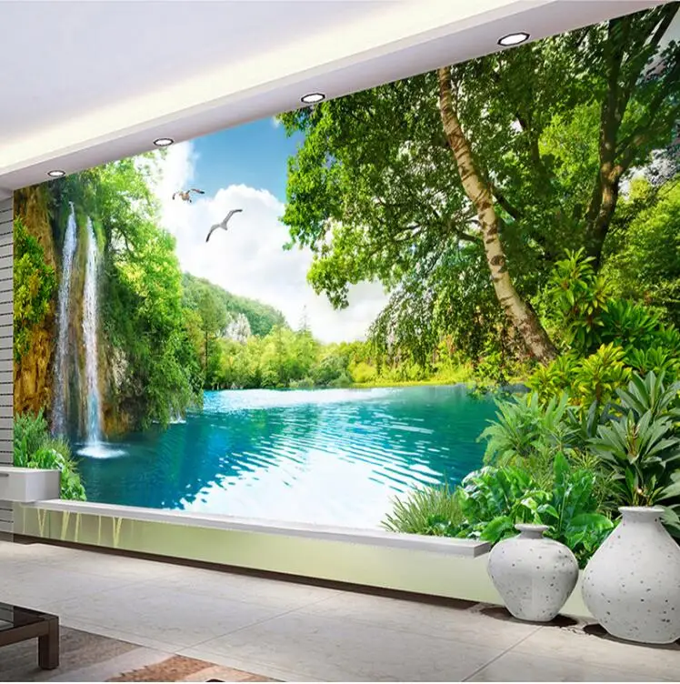 На заказ настенная бумага Декор Зеленый Горный водопад природа пейзаж 3D фото обои для гостиной спальни