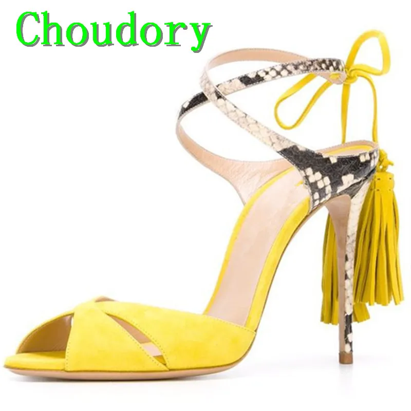 

Choudory Leopard Print Mixed Colors Fashion Thin Heels Women Super High Heel Summer Sandals Fringe Cross-Tied Dress Shoes Women