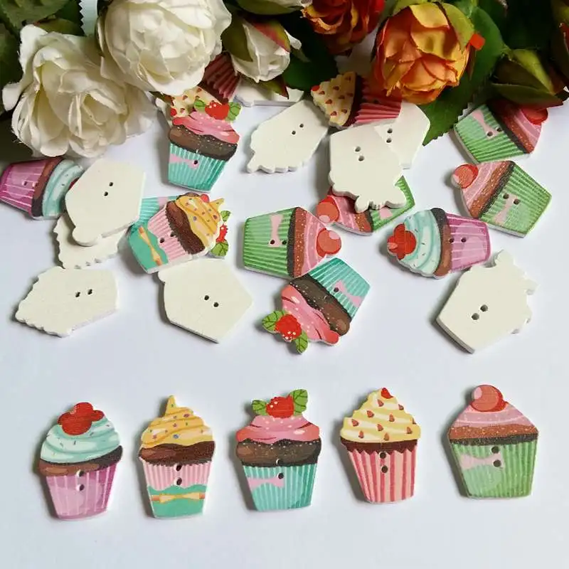 

50pcs 2 Holes Mix cake painted Wooden Buttons For crafts decorative and Swing Scrapbooking botones decorativos