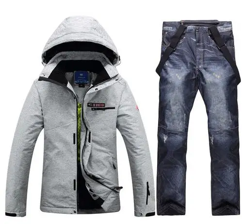 Зимняя мужская лыжная куртка ветрозащитный водонепроницаемый для снега утолщенный костюм для сноубординга дышащая куртка джинсовые брюки - Цвет: SET 5