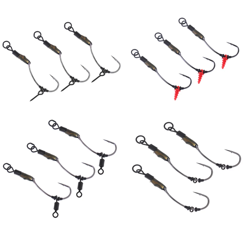 3Pcs Ready Tied Chod Rigs Barbed Carp Fishing Hair Rigs with Swivels Rings Fishing Tools Accessories