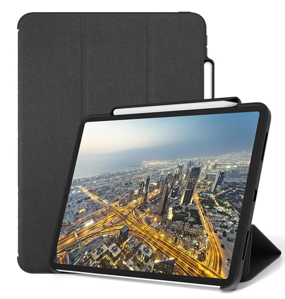 Для iPad Pro 11 Чехол Карандаш Держатель Twill PU Tri-Fold Смарт Флип Чехлы Для iPad Pro 11 Крышка A2013 A1934 A1980 Бизнес Люкс Ретро Винтаж Полная Защита Планшетный ПК Задняя Крышка Кейс для хранения карандаша - Цвет: Black