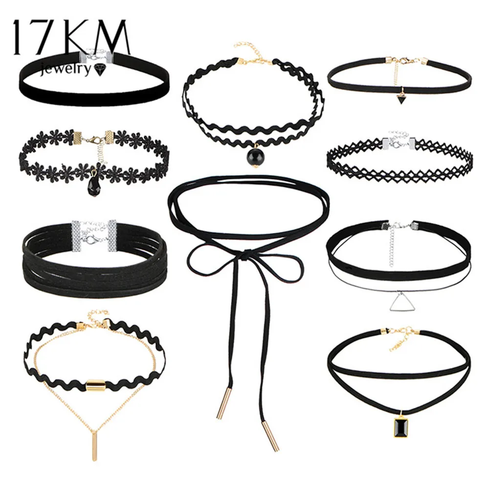 

17KM Bohemian Gothic Tattoo Choker Necklaces Set for Women Black Lace Long Necklace Female Collier Chain Fashion Jewelry Party
