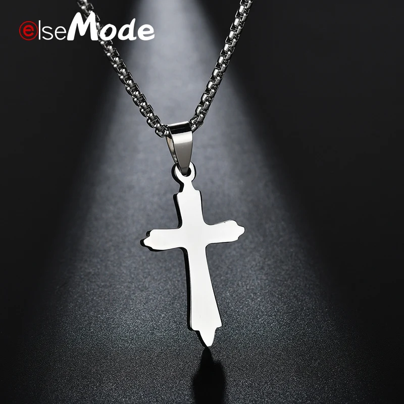 

ELSEMODE Men Woman Simple Cross JESUS Crucifix Pendant Titanium Stainless Steel Necklace Silver Tone Jewelry 50cm Chain