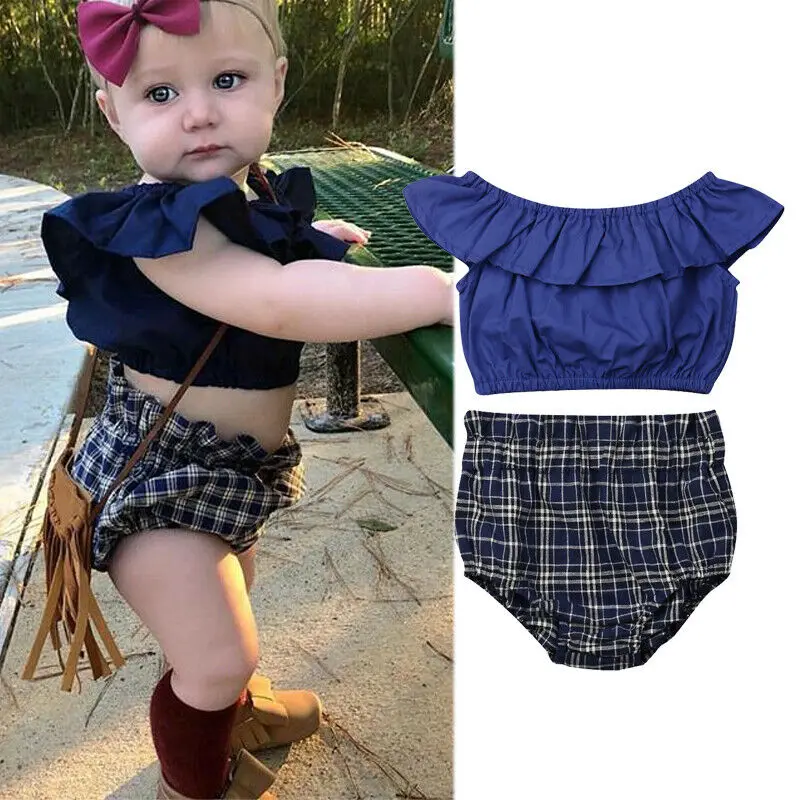 Emmababy Kids Girls Set Solid Color O Neck Tops + Plaids Shorts Outfit