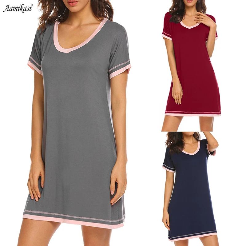 Aamikast, летняя женская ночная рубашка, пэчворк, повседневная, ночная рубашка, v-образный вырез, ночная рубашка, короткий рукав, свободная, женская одежда для сна, сорочка, платье