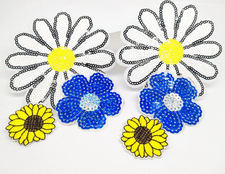 Embroidery Sequins daisy sew iron on patches flowers for clothing Transfer Sticker applique