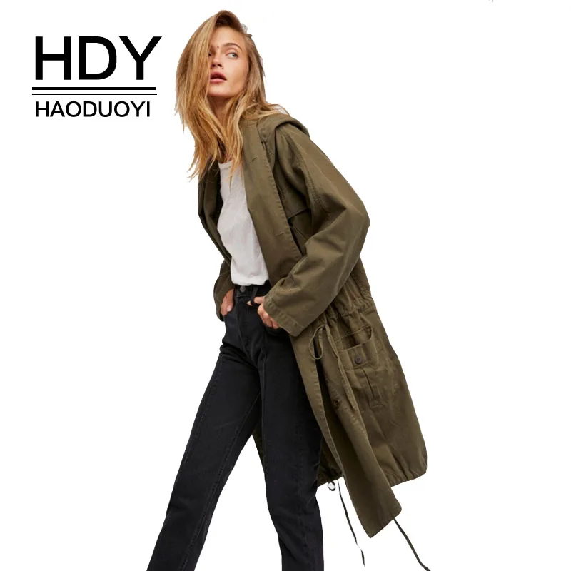 

HDY Women Trench Coats Vintage Cargo Draped Long Coat Winter Autumn 2019 Casual Hooded Coats Army Green Female Outerwears Trench