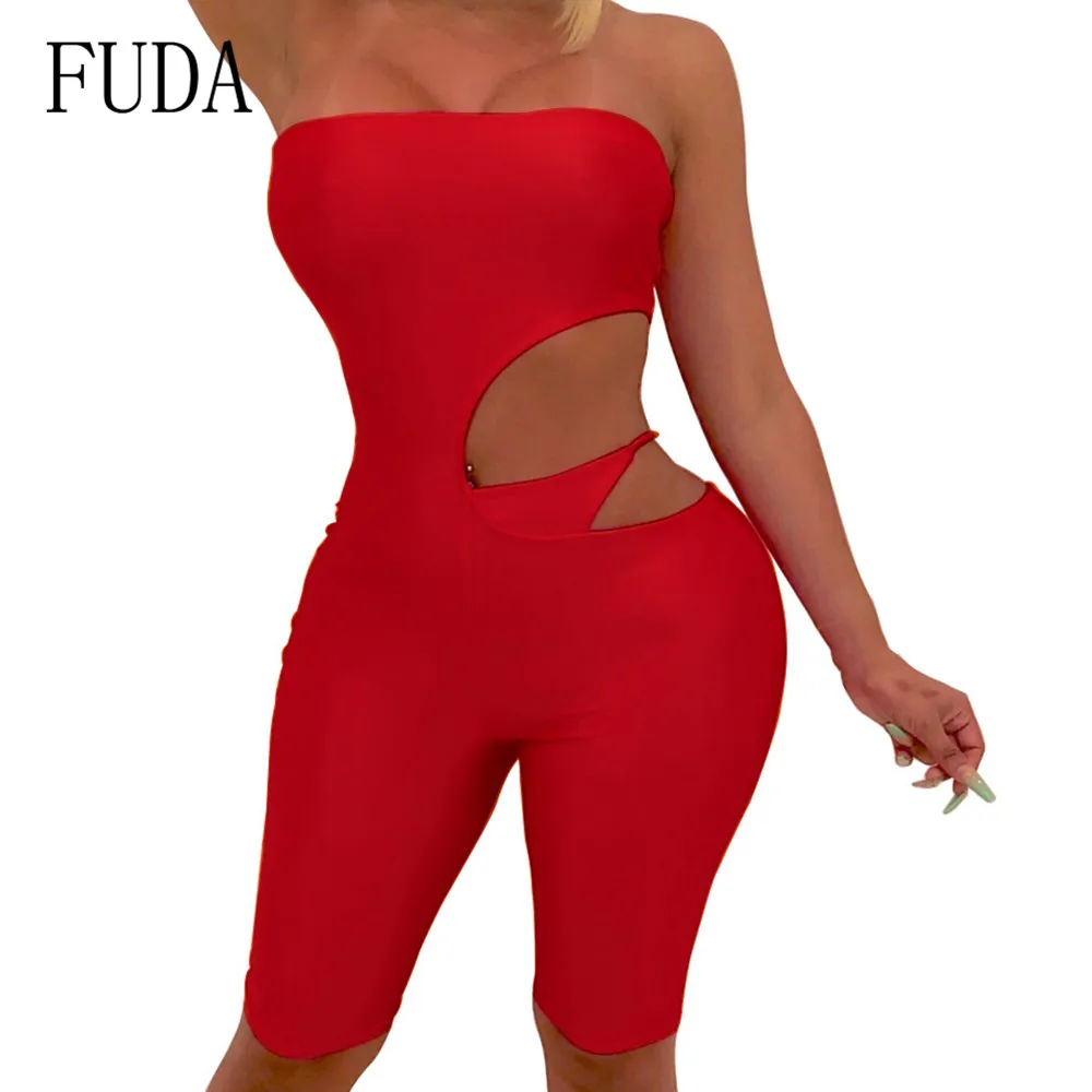 FUDA-апом, просвечивающее сексуальное платье без бретелек без рукавов Комбинезоны Для женщин с открытыми плечами облегающее Бандажное отверстие комбинезоны Для летних вечеринок комбинезоны
