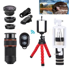 Универсальный клипы 8X зум телеобъективов телескоп рыбий глаз Широкий формат макрообъектив микроскоп для смартфонов Мобильный штатив