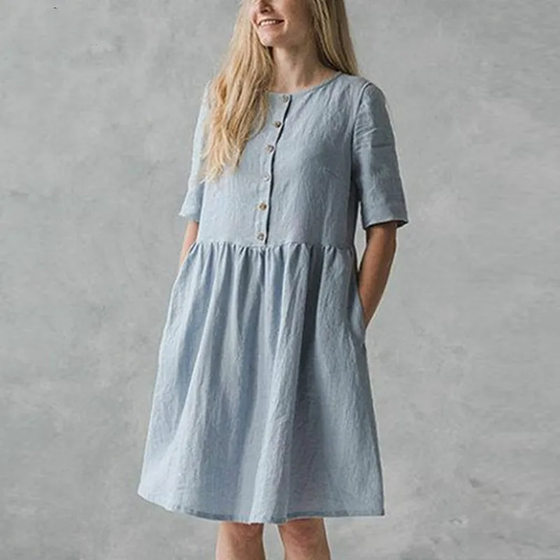 

Women Vintage Cotton Shirt Dress 2019 Summer Short Sleeve Buttons Loose Solid Casual Party Knee-length Vestidos Plus Size 5XL