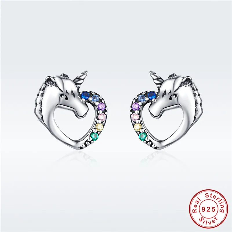 

Original 925 Sterling Silver Colored Cubic Zirconia European Fairy Unicorn Stud Earrings S925 Cute CZ Animal Earrings Women Gift