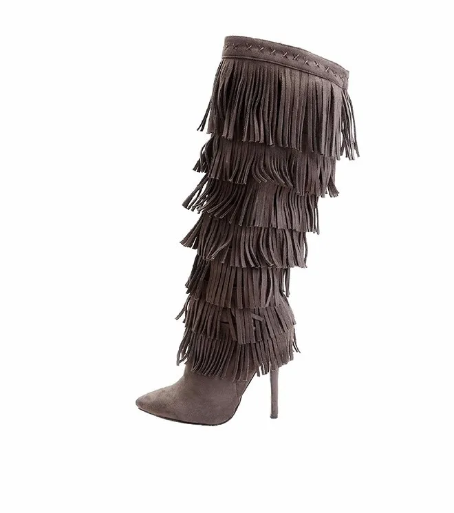 2016 Pointed toe Zipper tassel Winter Boots stiletto Sky High heel boots With Seven layers Fringes big size For Christmas