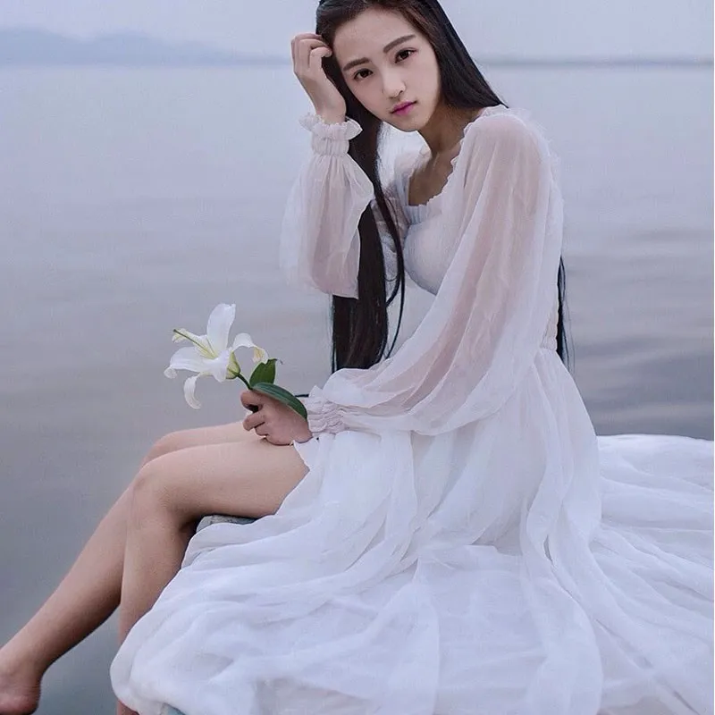 

2019 Chiffon Nightgown Women's Long Pijamas Princess Sleepwear White Nightshirt Long Robe AW300