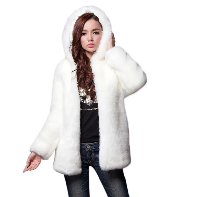 Женская теплая зимняя Толстая Шуба из искусственного меха пальто средней длины с капюшоном из кроличьего меха куртки большого размера White