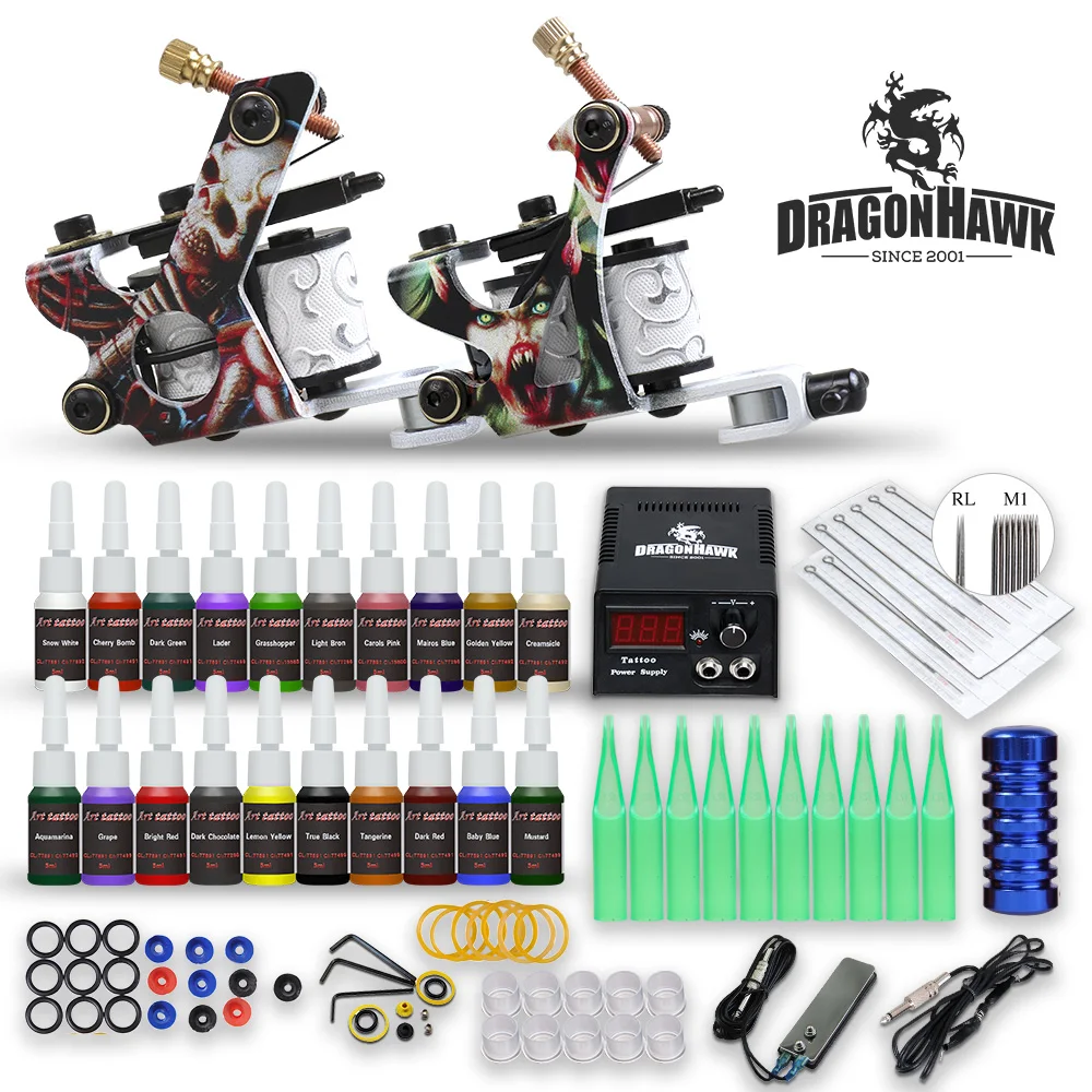 

Complete Beginner Tattoo Kit Supplies Equipment Set 2 Coils Machine Guns 20 Color ink Needle Power Supply Tip Grip