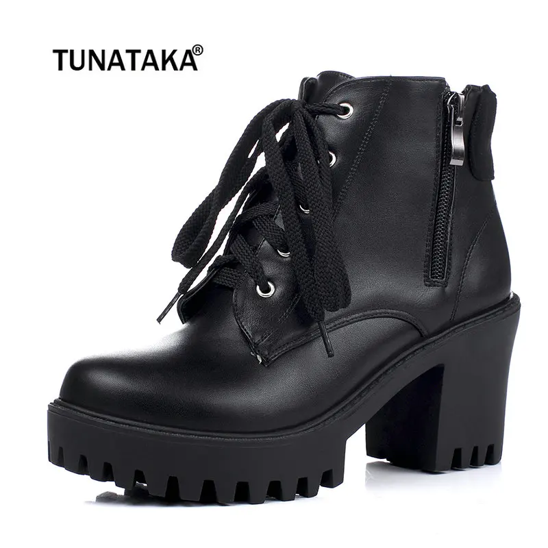 

Women Martin Boots Thick High Heel Ankle Boots Platform Zip Lace Up Fall Winter Fashion Women Shoes Yellow Black