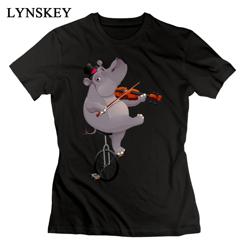 LYNSKEY 100% Cotton Tops Shirt Funny hippo on an unicycle for Women Slim Fit T-Shirt Funny Cute Crewneck Short Sleeve Clothing Shirt white