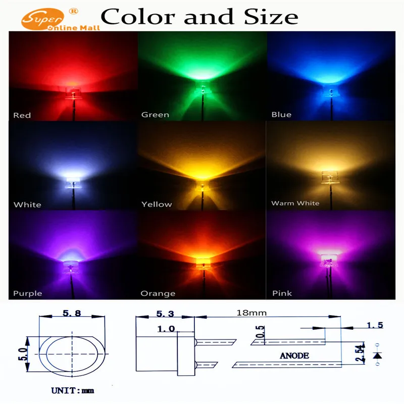 100 шт./лот 5 мм Flat Top 20 каждый 5 цветов Широкий формат urtal Яркий свет лампы светодиодов, излучающих Диоды