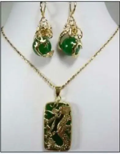 

Green jade Dragon Pendant necklace earring set 5.23
