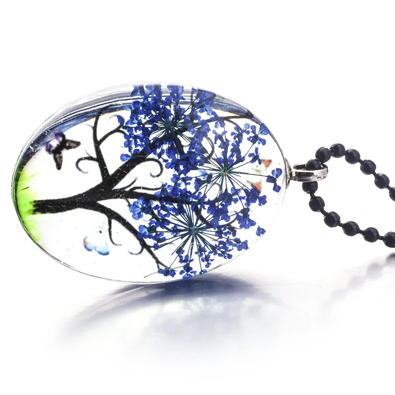 

Handmade Dried Flower Necklace Gypsophila Time Dome Glass Locket Tree Of Life Pendant Necklace Leather Chain Jewelry
