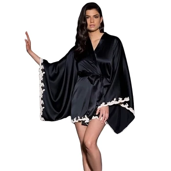 

Women Japanese Yukata Silk Satin Kimono Robe Sleepwear Black Long Sleeve V Neck Dressing Gown Pyjamas Bathrobe Nightwear H22510