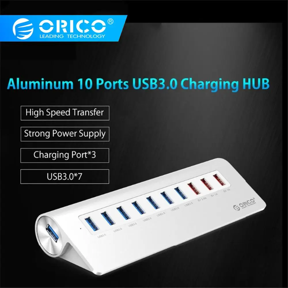 ORICO 10 портов Супер Скоростной usb-хаб 7 портов USB3.0 5 Гбит/с 3 usb-порта для зарядки для iPhone iPad Vl812 чип-серебристый M3H73P