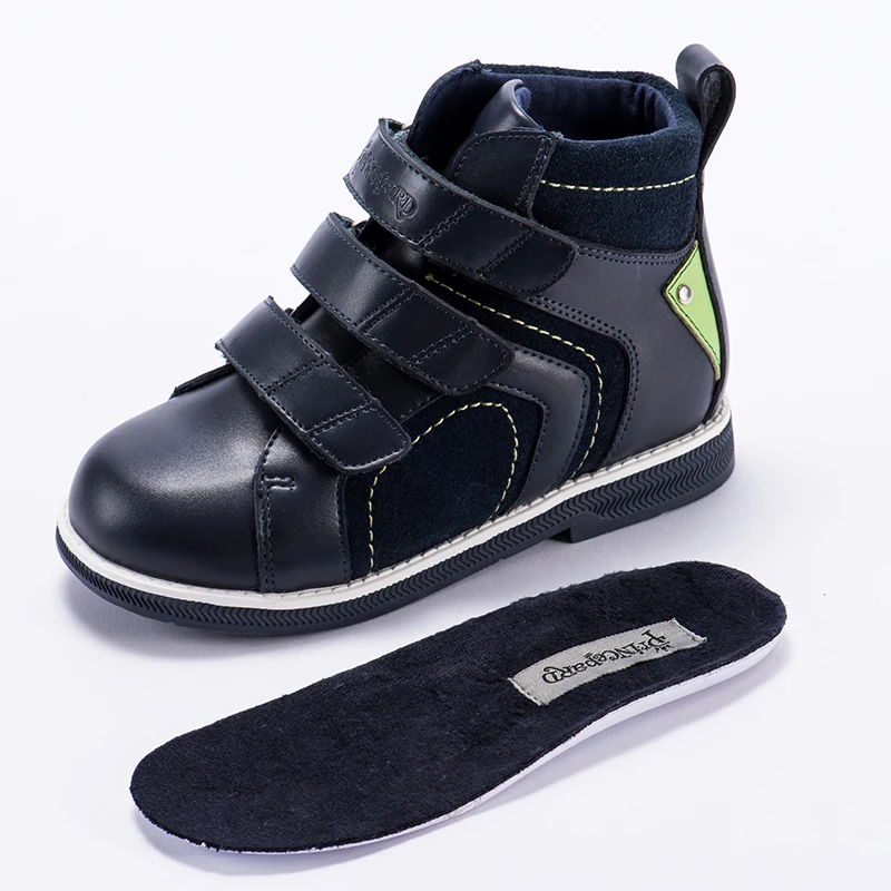Princepard/Осенняя ортопедическая обувь из натуральной кожи для мальчиков; бархатная подкладка; цвет темно-серый; повседневные ортопедические ботинки для мальчиков и девочек