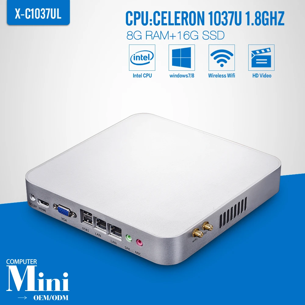  Mini PC  Celeron C1037U 8G RAM+16G SSD+WIFI 2*RJ-45 4*USB Thin Client Mini Fanless PC Support Linux OS Ubuntu 